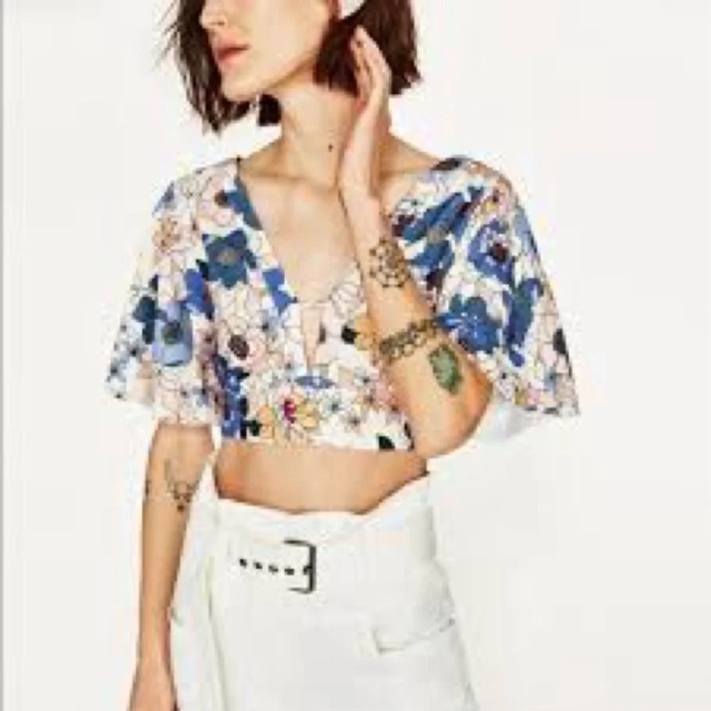 Zara Floral Crop Top Size S V-Neck Tie Back Flutter Sleeve Blue Peach Boho